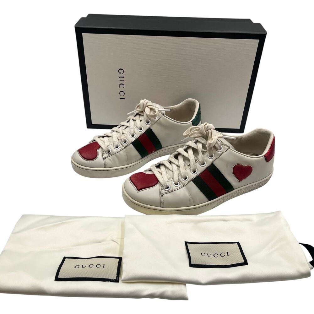 Gucci Ace Heart Embroidered Web Low Top Leather Sneakers White Size 36 / 6